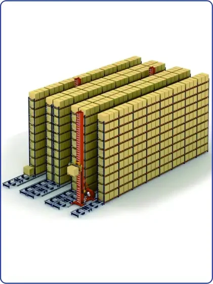 Automated stacker crane operating inside a high-bay AS/RS racking system in a modern automated warehouse