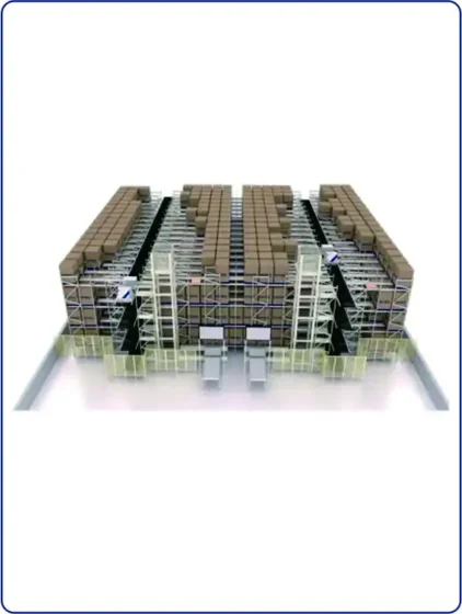 High-density automated shuttle carrier storage setup featuring multi-tier industrial racking