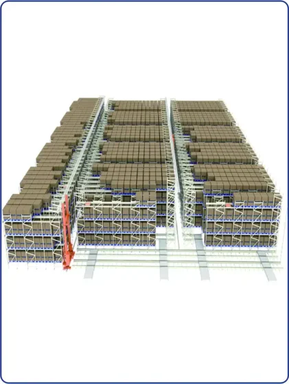 Automated shuttle stacker crane storage system operating within a high-bay industrial warehouse rack framework