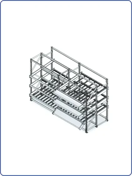Carton flow racking system featuring inclined roller tracks for high-density FIFO order picking in a modern distribution center