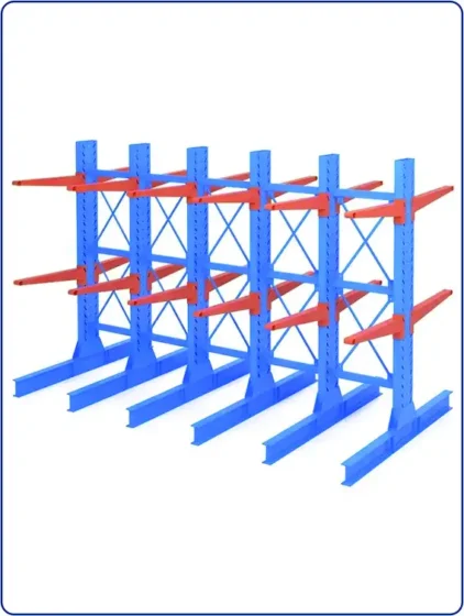 Heavy-duty cantilever racking system storing long steel pipes, bars, and timber in an industrial warehouse
