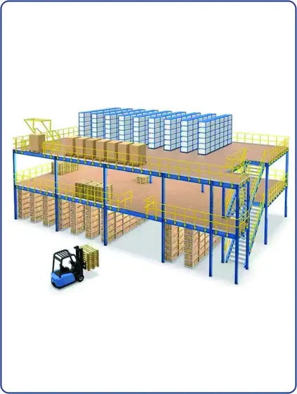 Industrial mezzanine steel platform framework providing extra floor space in a commercial distribution center