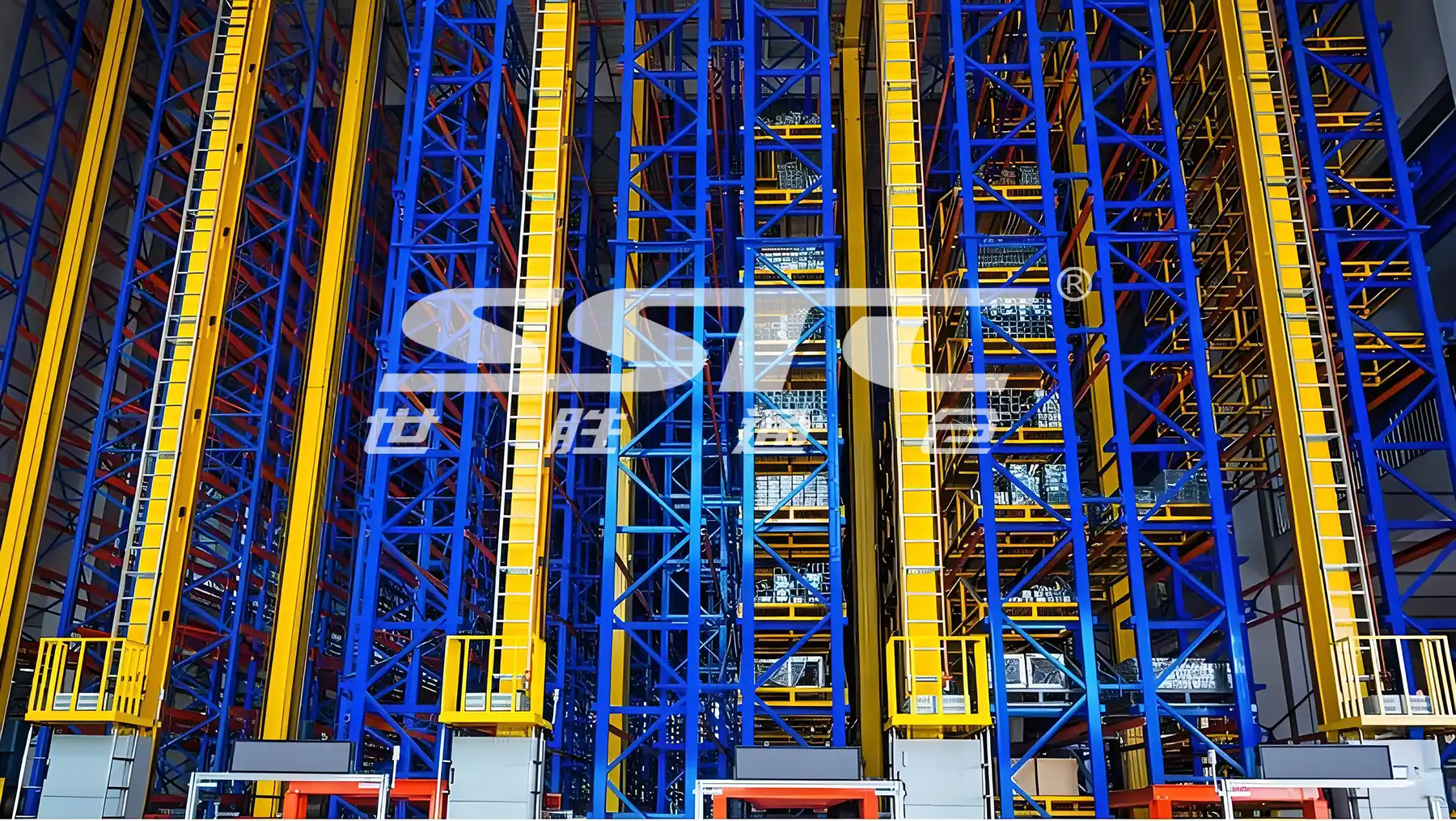 Advanced stacker crane operating inside an industrial AS/RS high-bay storage framework