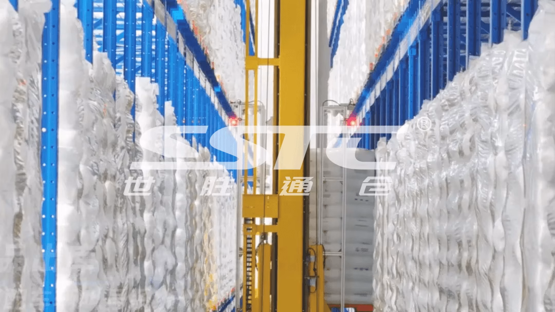 Explosion-proof AS/RS shuttle system by SSTC Intelligence handling hazardous chemical pallets in an industrial warehouse