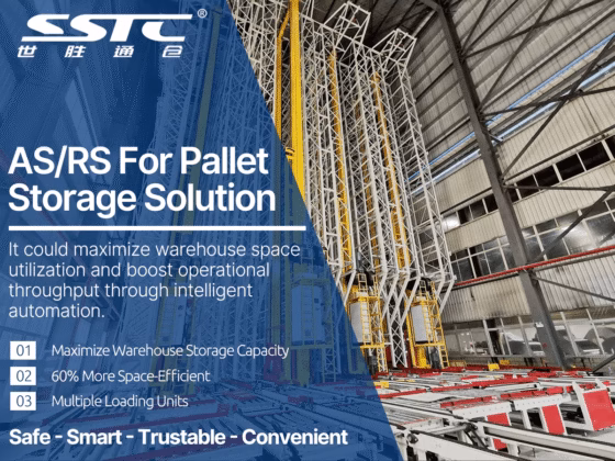 SSTC Intelligence high-bay automated storage and retrieval system (AS/RS) featuring heavy-duty stacker cranes operating in a 40-meter-high warehouse