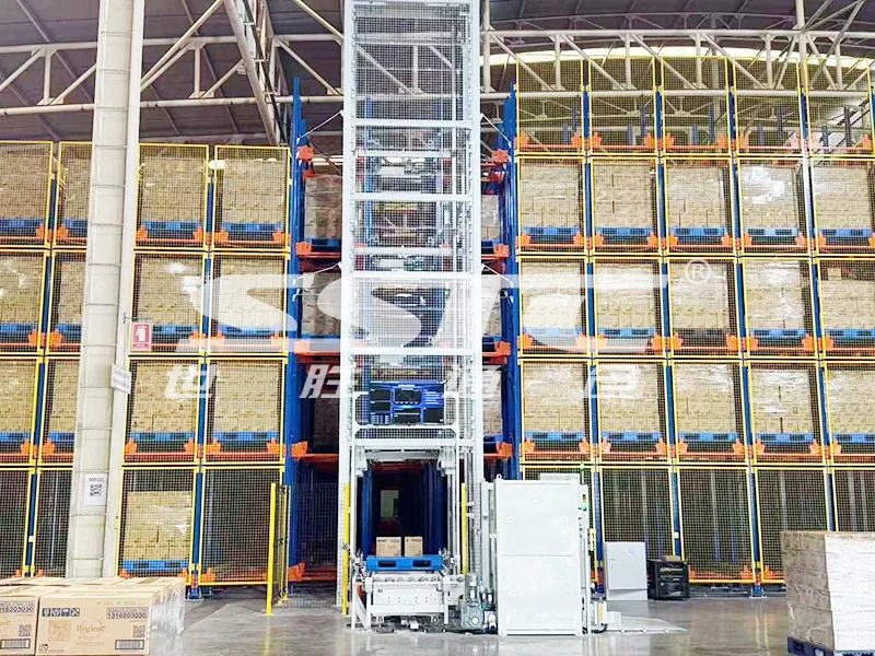 SSTC Intelligence 4-way shuttle racking system executing automated pallet storage inside high-density warehouse.