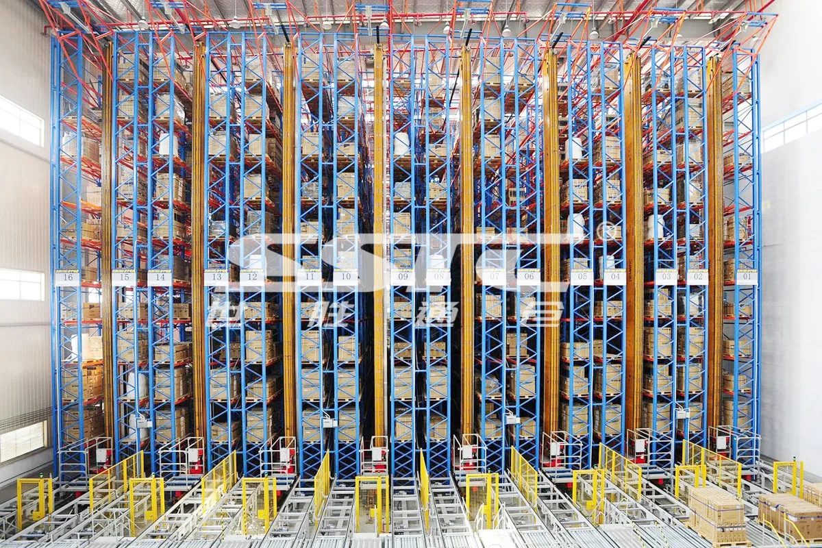 Pallet AS/RS storage system managing raw cocoa bean bags and packaging materials in high-density staging area
